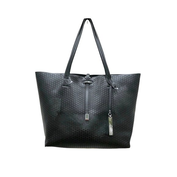 Vince Camuto Leila Perforated Leather Shopper Tote Bag Black 18.5” x 12.5” EUC - Picture 1 of 12